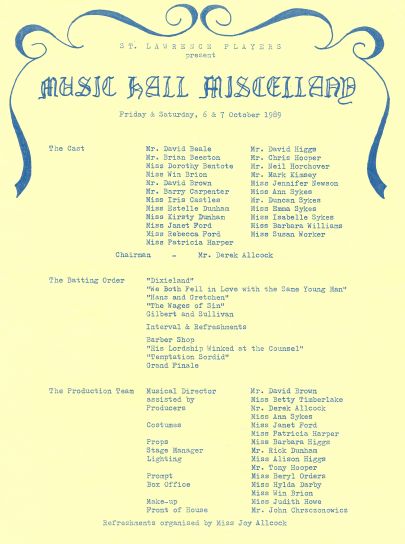 Programme cover. A4 sheet with words for audience participation songs on reverse.